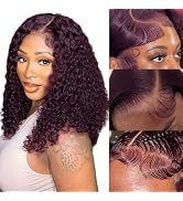 MUGOHK Dark Burgundy Lace Front Wigs Human Hair Dark Purple Curly 13x4 HD Lace Frontal Wig Pre Pl...