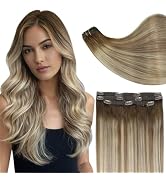 Full Shine Ombre Hair Extensions Clip in Human Hair Dark Brown Roots Ash Brown Mix Medium Blonde ...