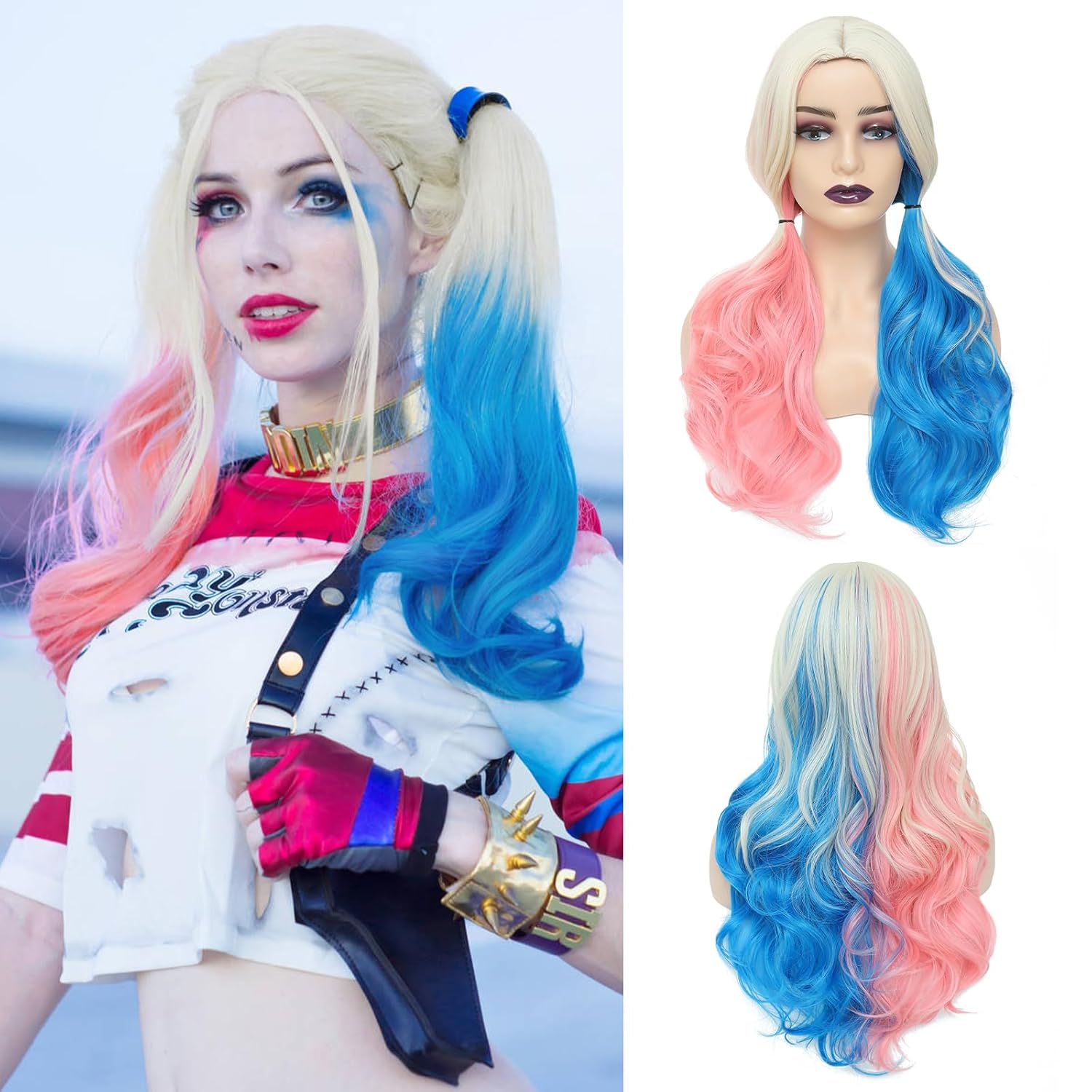 AISI QUEENS Suicide Squad Harley Quinn Wig for Girls Halloween Suicide Squad Harley Quinn Wig Clown Girl Wig for Women Pink and Blue Wig for Women Daily Party Use (26inch,Clown Girl)