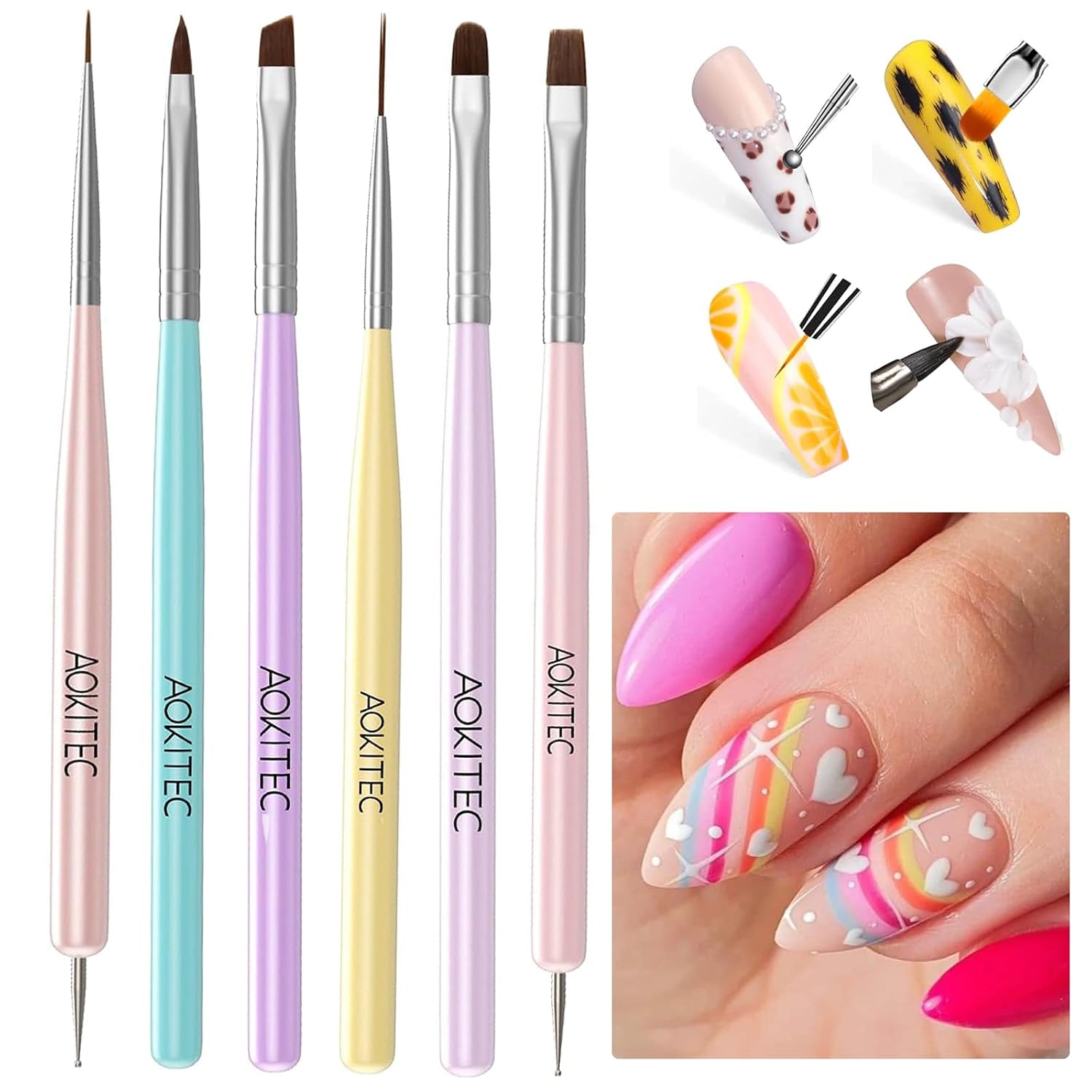 Aokitec Nail Art Brushes 6pcs Set Gel Polish Nail Art Design Pen Painting Tools with Nail Extension Gel Brush Builder Gel Brush Nail Dotting Pen & Nail Art Liner Brush for Salon at Home DIY Manicure