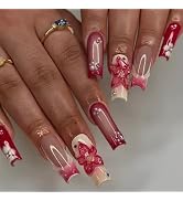 Long Press on Nails French Tip Fake Nails Square with 3D Flower Design Stick on Nails Glossy Pear...