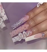 MISUD Press-on Nails, 24 Pcs Long Square, Glossy Glue on Nails, White French Tip, Ombre, Snake Rh...