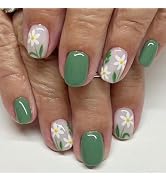 Green Press on Nails Short Square Fake Nails with White Flower Designs Green Leaf False Nails Spr...