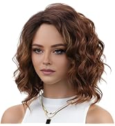 RENERSHOW Layered Short Wigs Ombre Brown Wavy Bob Wigs for Women Shoulder Length Brown Wave Curly...
