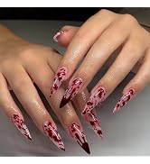 MERVF Halloween Press on Nails Long Stiletto, Blood Red Fake Nails, French Tip Glue ons Goth Acry...