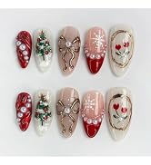 30pcs Christmas Press on Nails Medium Almond Fake Nails with 3D Gold Bow Christmas Tree Snowflake...