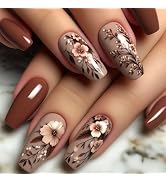 Spring Press on Nails Coffin Nails Press ons Medium Fake Nails with Floral Designs Brown Acrylic ...