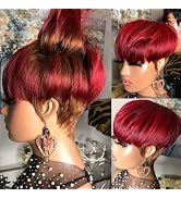 FREEKWEEN Short Pixie Cut Wig for Black women Human Hair glueless wig for women Burgundy Red with...