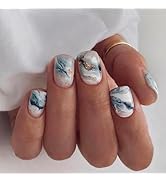 Marble Press on Nails Short Square Fake Nails with Designs Gold Foil Glossy Glue on Nails Full Co...
