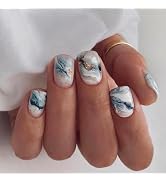 Marble Press on Nails Short Square Fake Nails with Designs Gold Foil Glossy Glue on Nails Full Co...