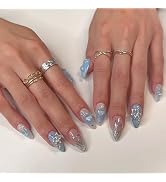 24 Pcs Cute Blue Almond Press on Nails Medium Fake Nails Reusable False Nails with Star Rhineston...