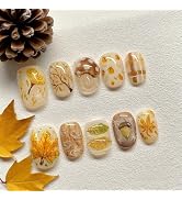 30Pcs Fall Press on Nails Short Square Fake Nails with Ginkgo Maple Leaves Mushroom Designs Thank...