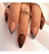 Brown Press on Nails Medium Almond Fake Nails French Tip False Nails with Gold Lines Design Glue ...