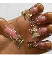 BABALAL Duck Nails Press on Gold Fake Bling French Tip Glue on Luxury Butterfly Rhinestone Acryli...