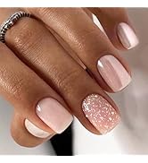 Short Press on Nails Square Fake Nails Chrome False Nails with White Sequins Glitter Glue on Nail...