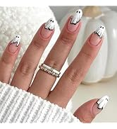 Halloween Press on Nails Medium Almond White French Tip Fake Nails Ghost Nail Tip False Nails wit...