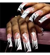IMSOHOT Curved Press on Nails Extra Long Square Fake Nails Black White French Tips False Nails wi...