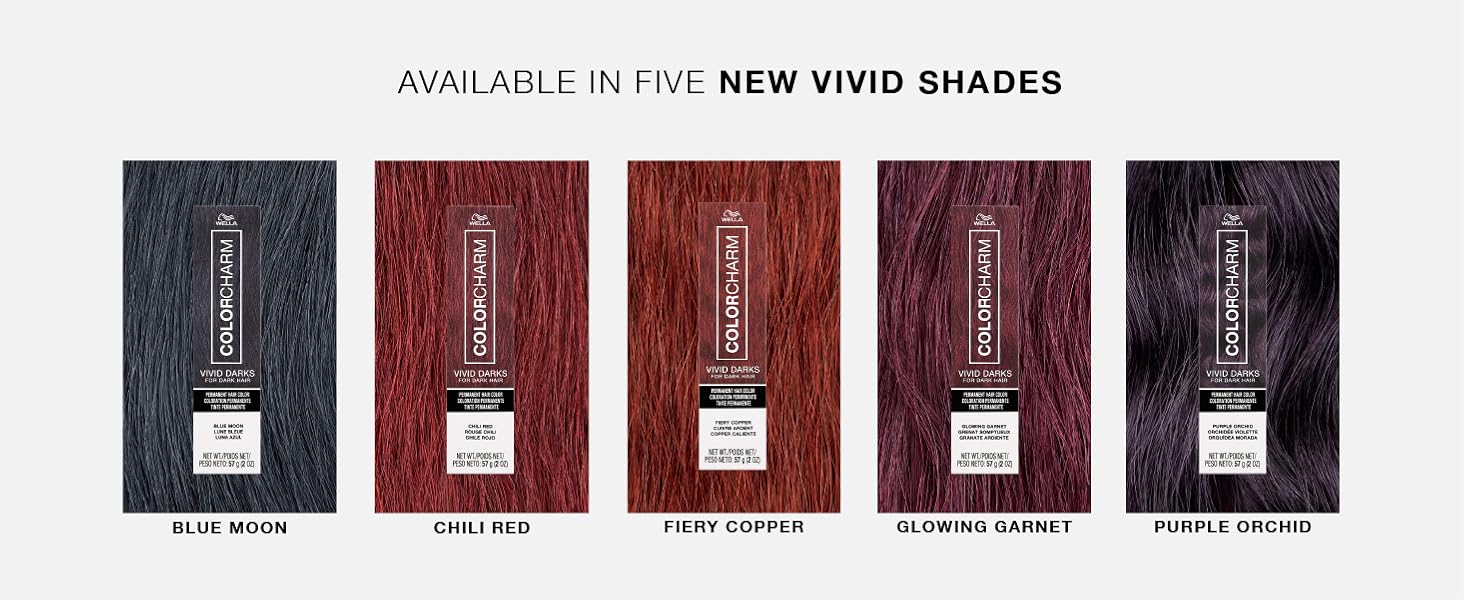 Available in 5 new vivid shades for dark hair