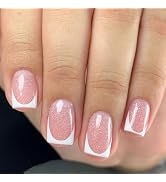 White French Tips Press on Nails Short Square Glue on Nails with Silver Glitter Design Nude Pink ...