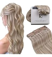 RUNATURE Hair Extensions Clip Ins, Real Human Hair, Grey Blonde Highlight Platinum Blonde, Remy N...