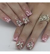 Pink Press on Nails Short Square Fake Nails French Tip False Nails with 3D Silver Bow Design Glue...