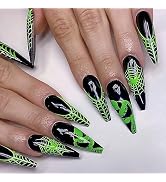 Halloween Press on Nails Long Coffin Fake Nails Black Full Cover Fluorescent Green Spider Web Nig...