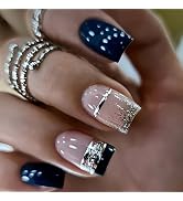 MISUD Press on Nails - Short Square Fake Nails with Dark Blue, Acrylic Bling Glitter Design 24 pcs