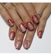 Cat Eye Press On Nails Short Square, Red Fake Nails with Dewy Gloss Red and White Gradient Effect...