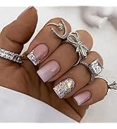 Glitter Press on Nails Short Square Fake Nails Pink Gradient with Silver Glitter Design Acrylic N...