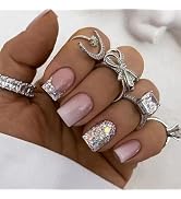 Glitter Press on Nails Short Square Fake Nails Pink Gradient with Silver Glitter Design Acrylic N...