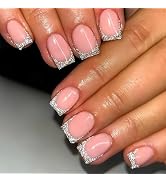 IMSOHOT French Tips Press on Nails Short Square Shaped Fake Nails Silver Glitter Full Cover Glue ...