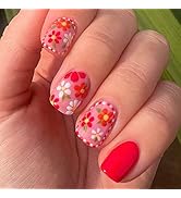Red Flower Press on Nails Short Square Fake Nails Colorful Floral False Nails with Design Glossy ...