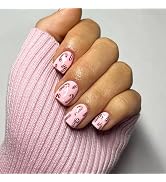 Christmas Press on Nails Short Square Fake Nails with Designs Candy Cane Stick on Nail Pink Acryl...