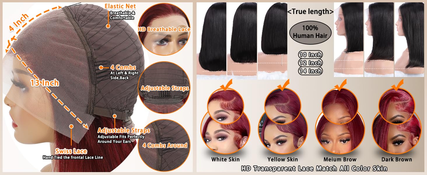 99j Burgundy Bob Wig Human Hair 13x4 Lace Front Wigs