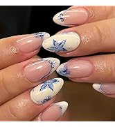 French Short Press On Nails Almond, Nude Fake Nails with Beige French Tip and Graceful Blue Flora...