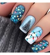 24Pcs Blue Square Press on nails Christmas Fake Nails with Christmas Tree Snowflake Illumination ...