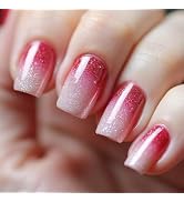 MERVF Press on Nails Medium Square, Red Ombre French Tip Fake Nails, Glitter Glue ons Acrylic Nai...