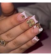 French Tips Press on Nails Medium Square Fake Nails with Gold Bow Charm Design Rhinestone Glue on...
