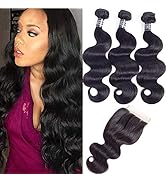 Amella Hair 8A Brazilian Body Wave Virgin Hair 3 Bundles with Three Part Closure (14 16 18+12,Nat...