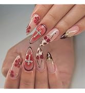 BABALAL Acrylic Press on Nails - Medium Almond Fake Nails Supplies, Brown French Tip with Nail Gl...