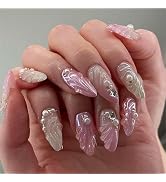 24pcs 3D Handmade Press on Nails Medium Almond Fake Nails with Pearl Shell Star Rhinestones Desig...