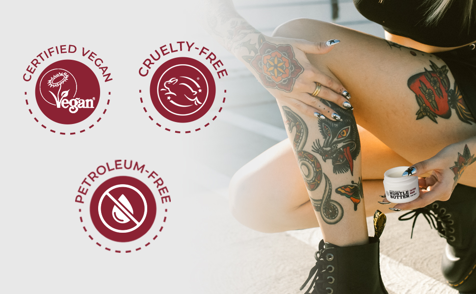 Hustle Butter tattoo ointment is petroleum-free, cruelty-free, and certified vegan