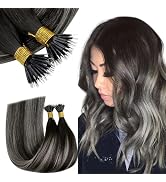RUNATURE Nano Hair Extensions Real Hair Black Balayage Remy Nao Tip Hair Extensions Black to Silv...