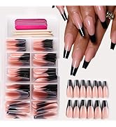 120 Pcs Black French Tip Press on Nails Long Coffin Fake French Nails Full Cover Nude False Nail ...