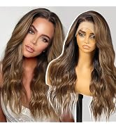 KOME Ombre Brown Synthetic Lace Front Wig,13×6 Long Loose Wavy HD Lace Glueless Wigs for Women Na...