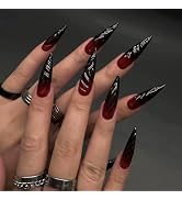 MISUD Press on Nails Long Stiletto Fake Nails Glossy Glue on Nails Goth Almond Acrylic Nails Goth...