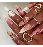 Handmade Press on Nails Long Almond Fake Nails with Gold Bow Design Pink French Tips False Nails ...