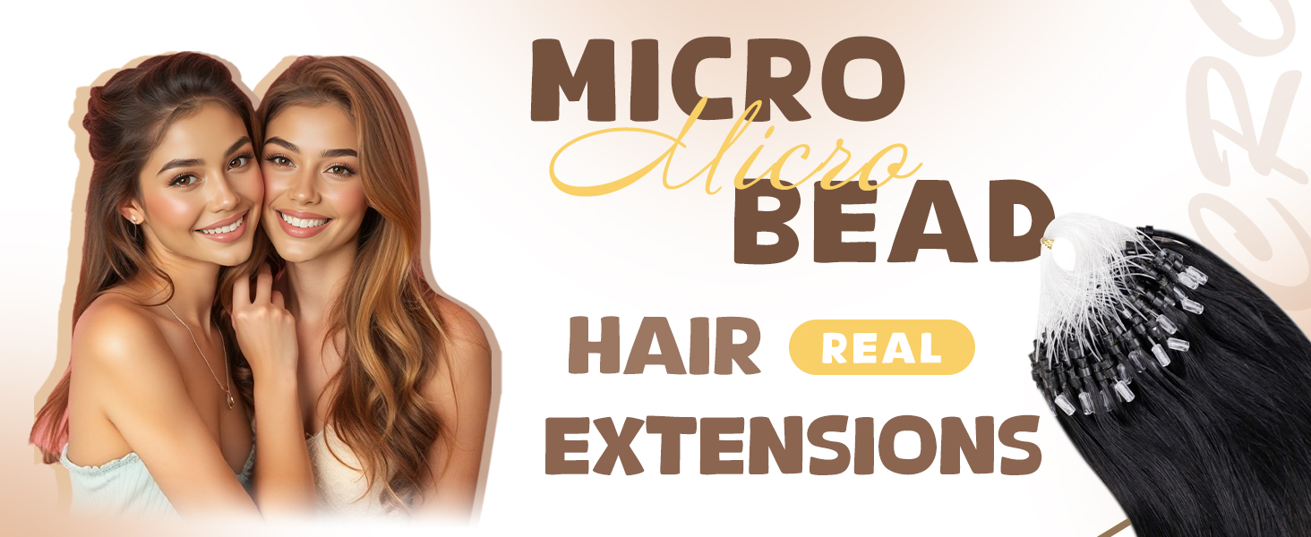 Text reads 'MICRO' 'BEAD' 'HAIR EXTENSIONS'. Marketing images showing different hairstyles and styling techniques.