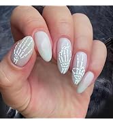 Halloween White Press on Nails Medium Almond with 3D Skeleton Design Glue on Glossy Acrylic Full ...