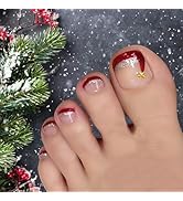 Christmas Red French Press on Toes Nails Short Square Silver Glitter Fake Toe Nails with Christma...